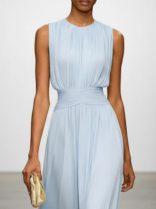 Women's ruched bodice chiffon maxi dress – light blue waist detail close up