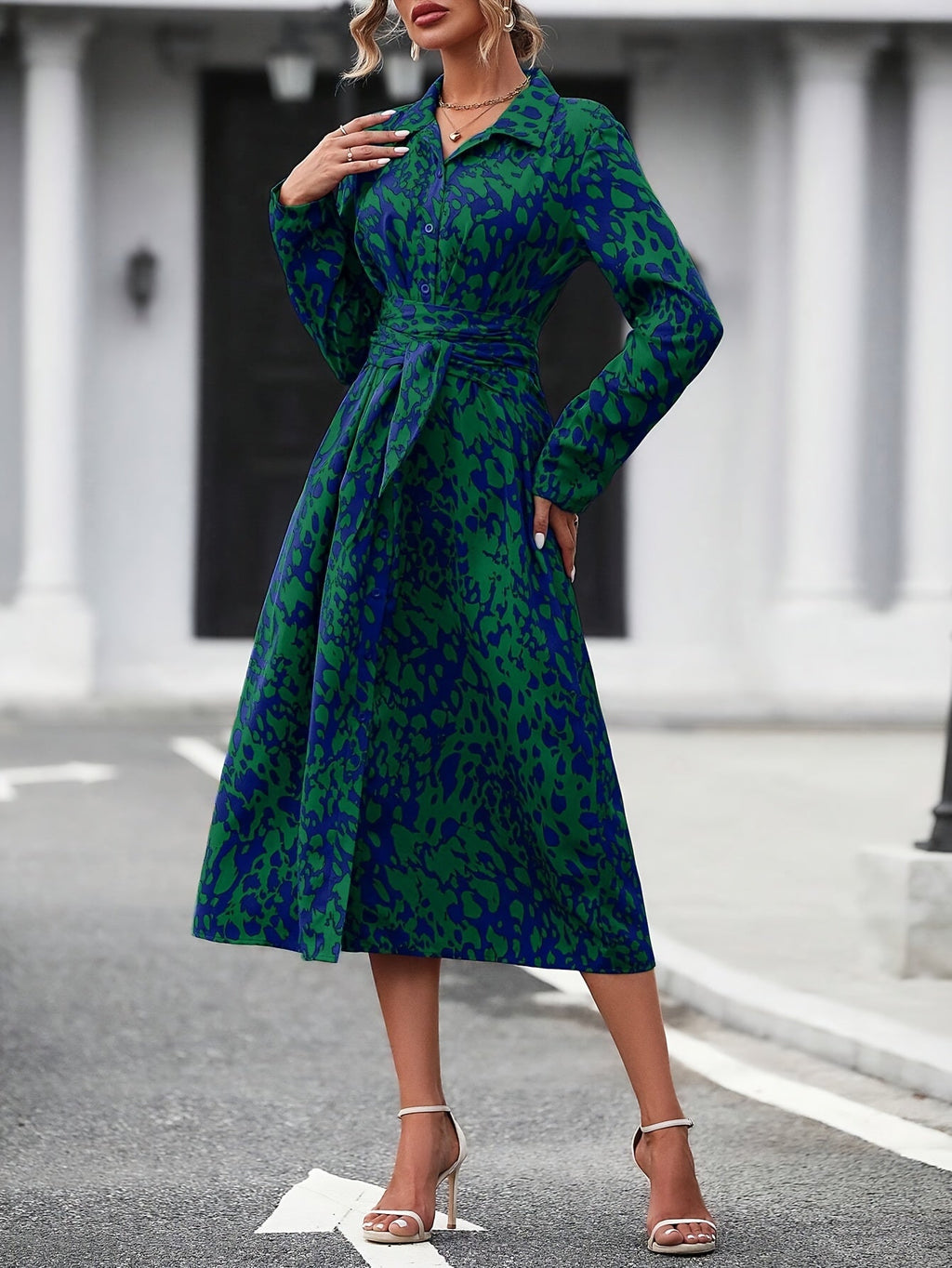 Women's belted geometric shirt dress, back view