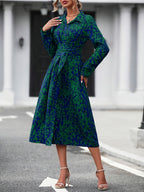 Women's belted geometric shirt dress, back view