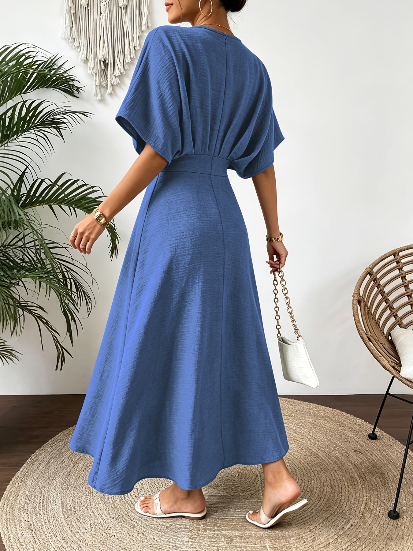 Batwing Sleeve Ruffle V-Neck Midi Dress