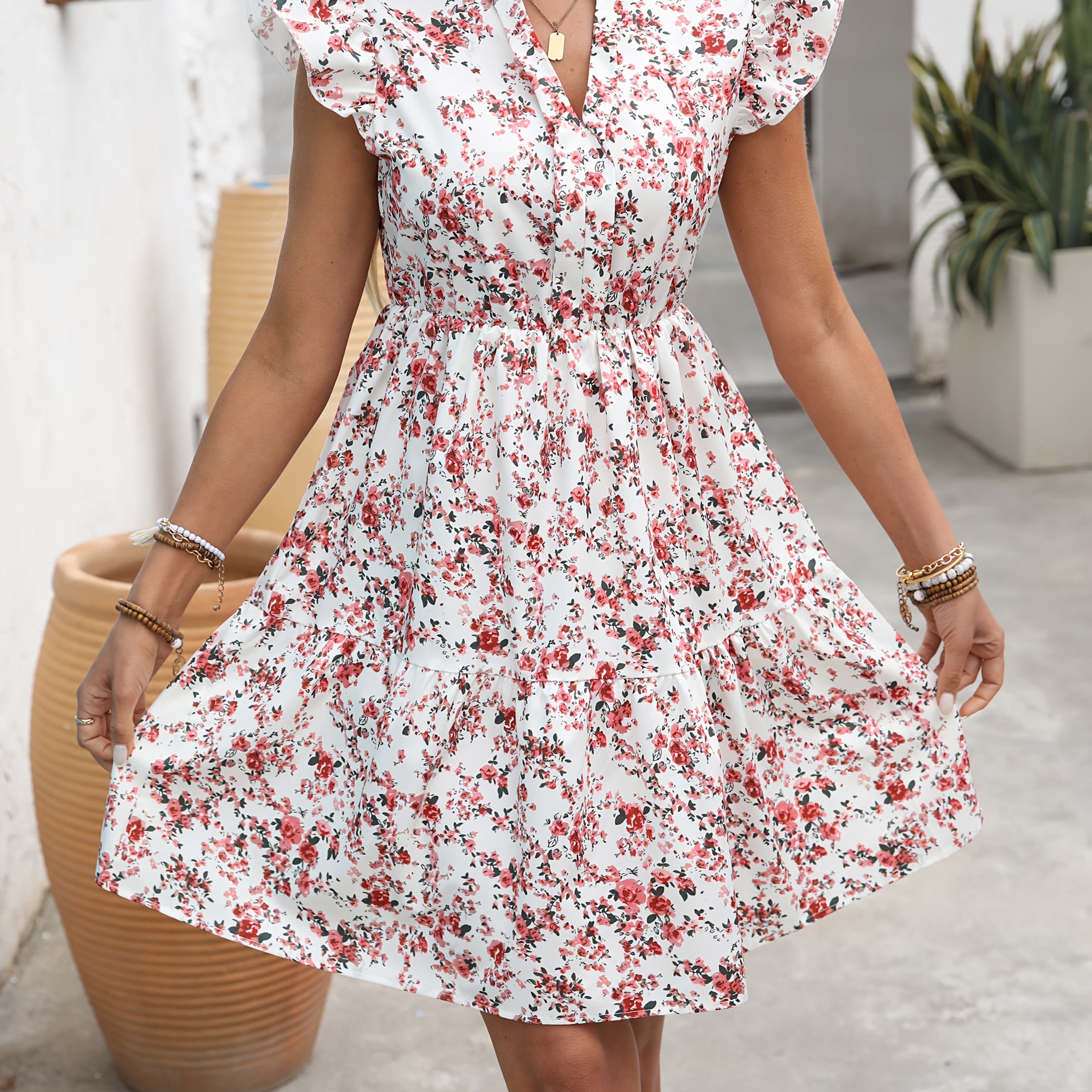 Floral print ruffle hem notched collar mini dress | Alba Muse
