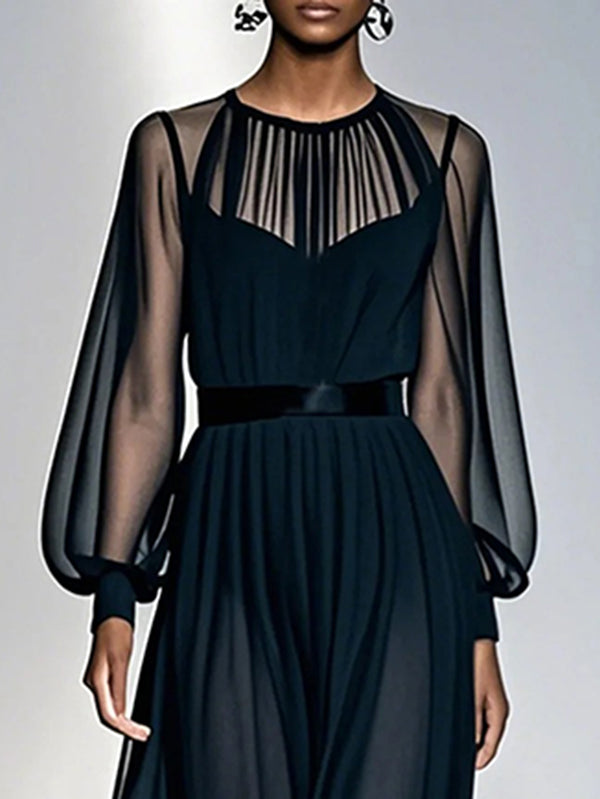 Navy blue gauze pleated maxi dress