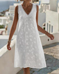 V-neck sleeveless lace embroidery midi dress, front view