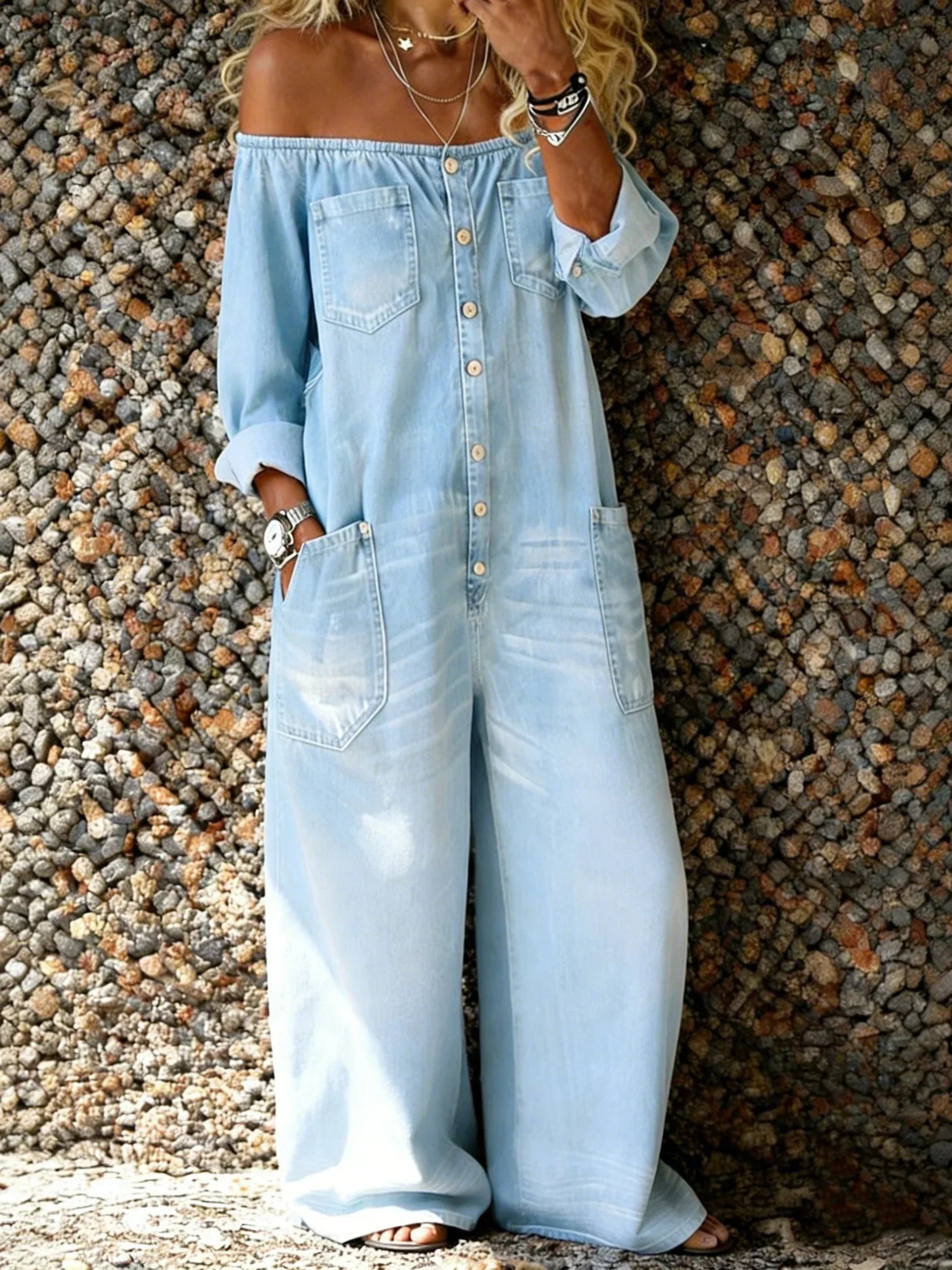 Denim Off-Shoulder Overalls — worn on model