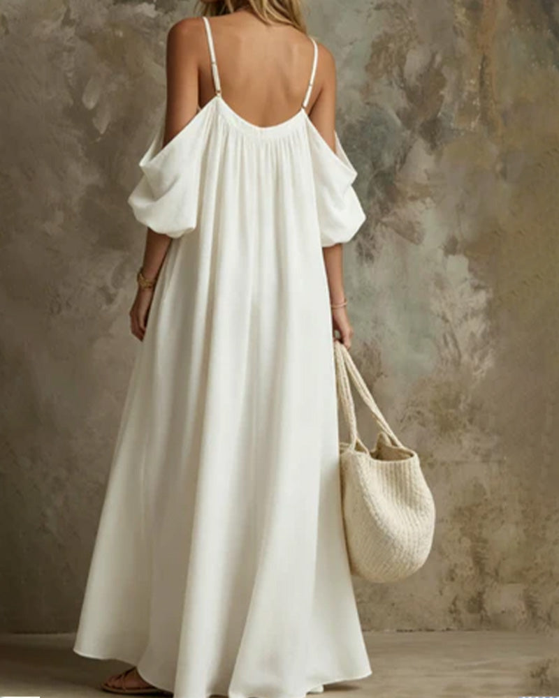 White Strappy Off-Shoulder Pocket Maxi Dress — worn on model