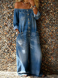 Denim Off-Shoulder Overalls