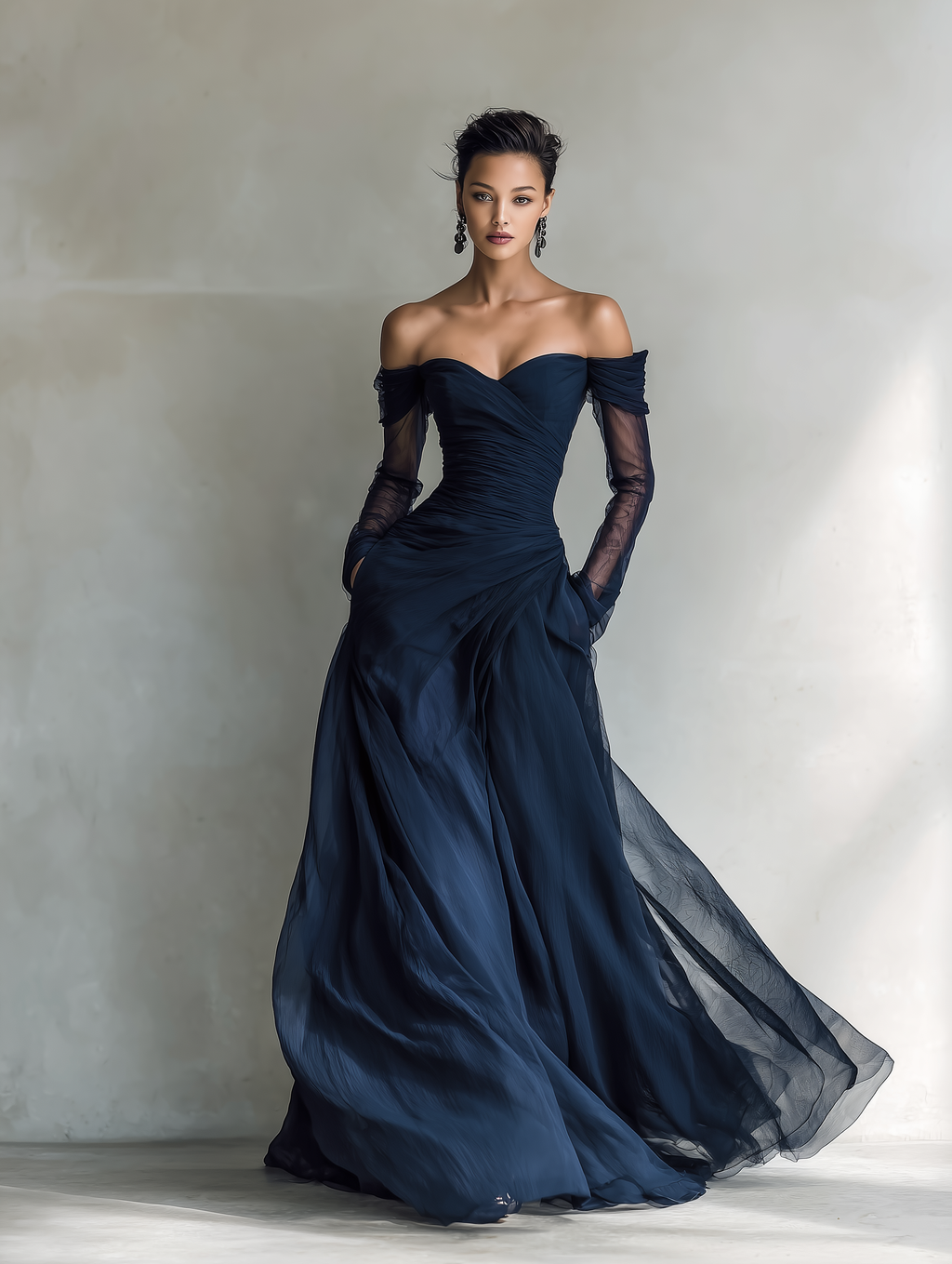 Dark Blue Off-Shoulder Evening Dress – Chiffon Maxi Ball Gown