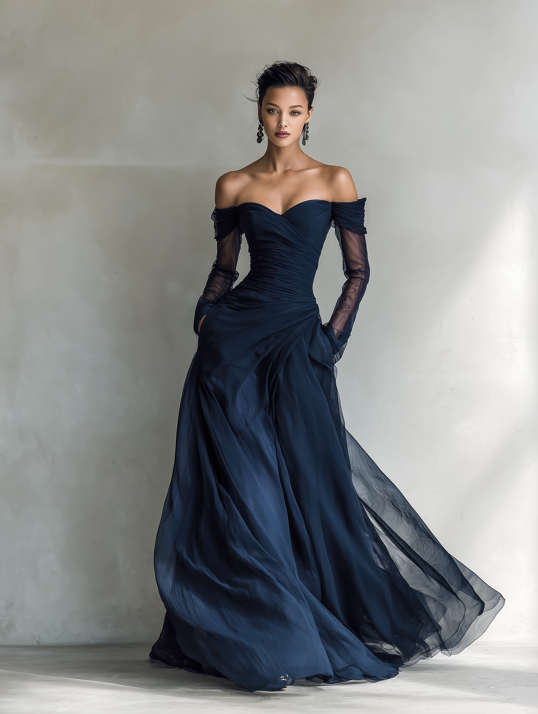 Dark Blue Off-Shoulder Evening Dress – Chiffon Maxi Ball Gown
