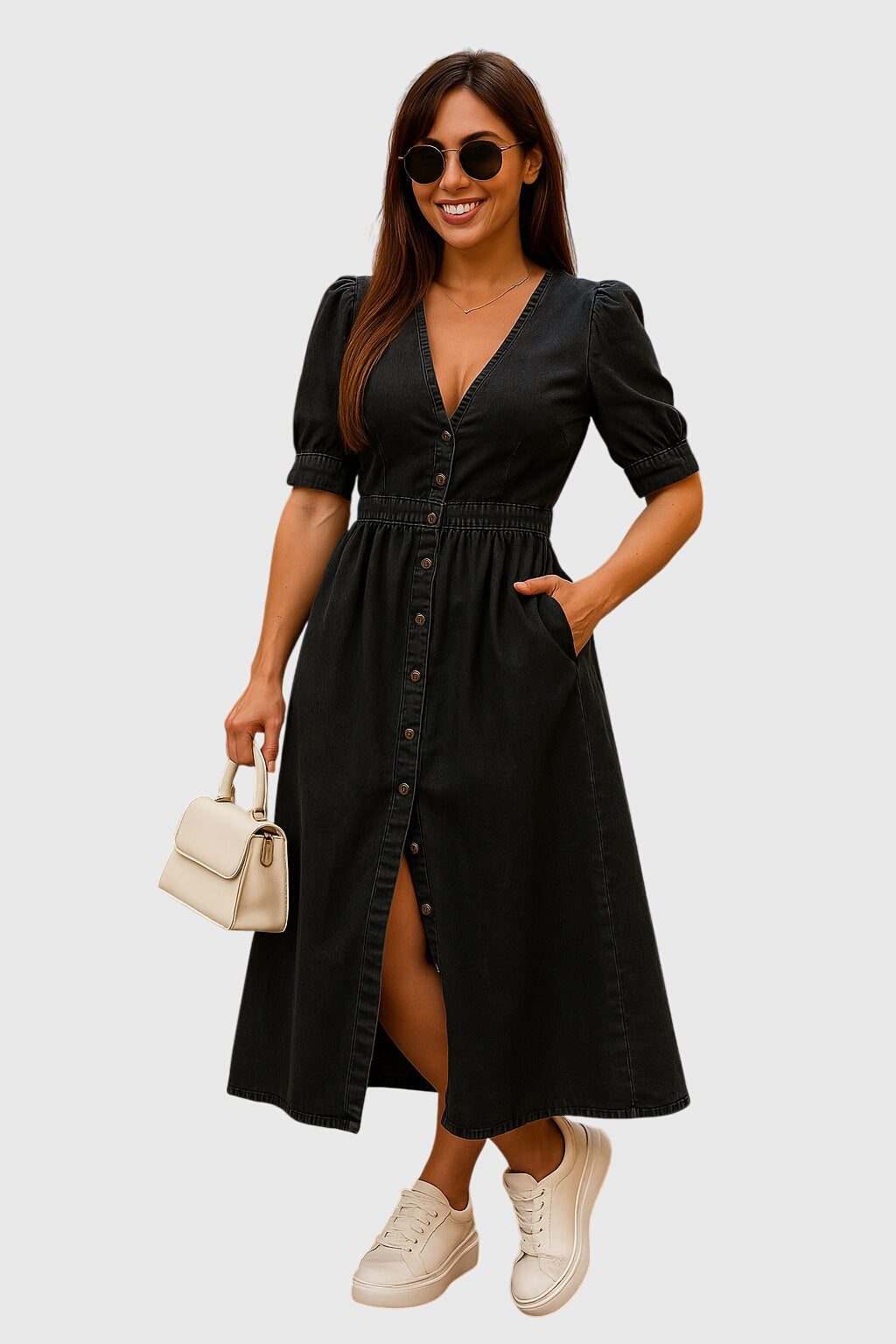 Tailored waist denim dress in green, front view