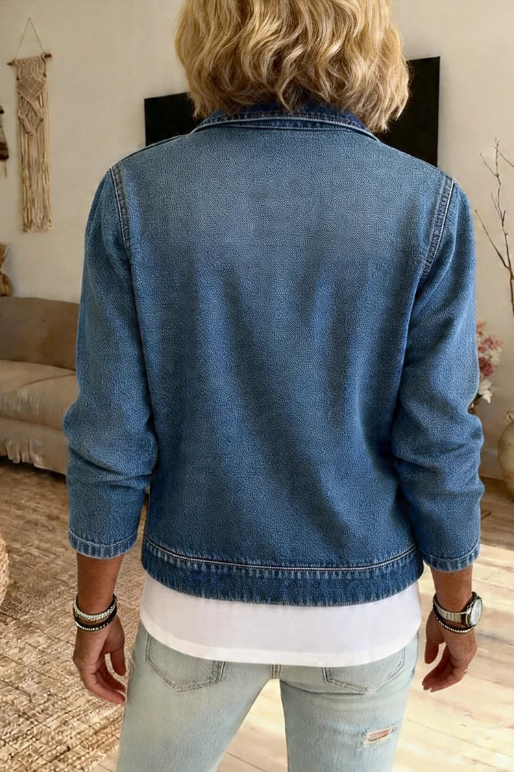 Casual denim zip-up cardigan in washed blue, relaxed layering piece | Alba Muse