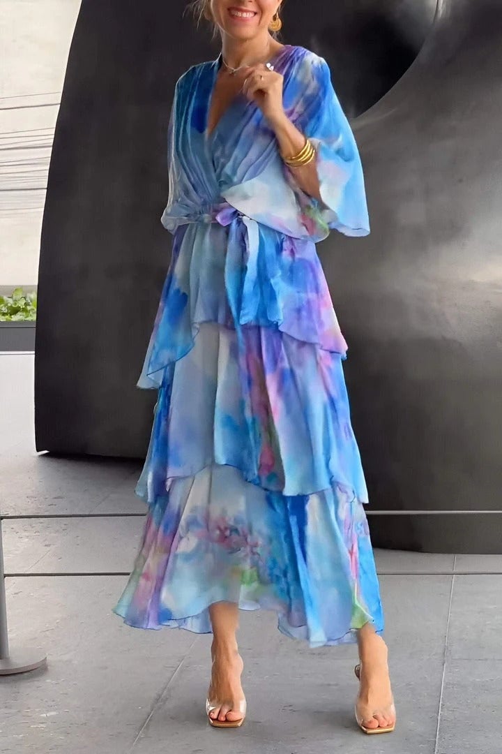 Bohemian print maxi dress full length rear view
