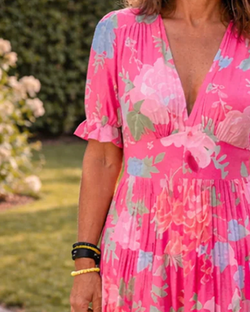 Floral print bubble sleeve maxi dress, side view
