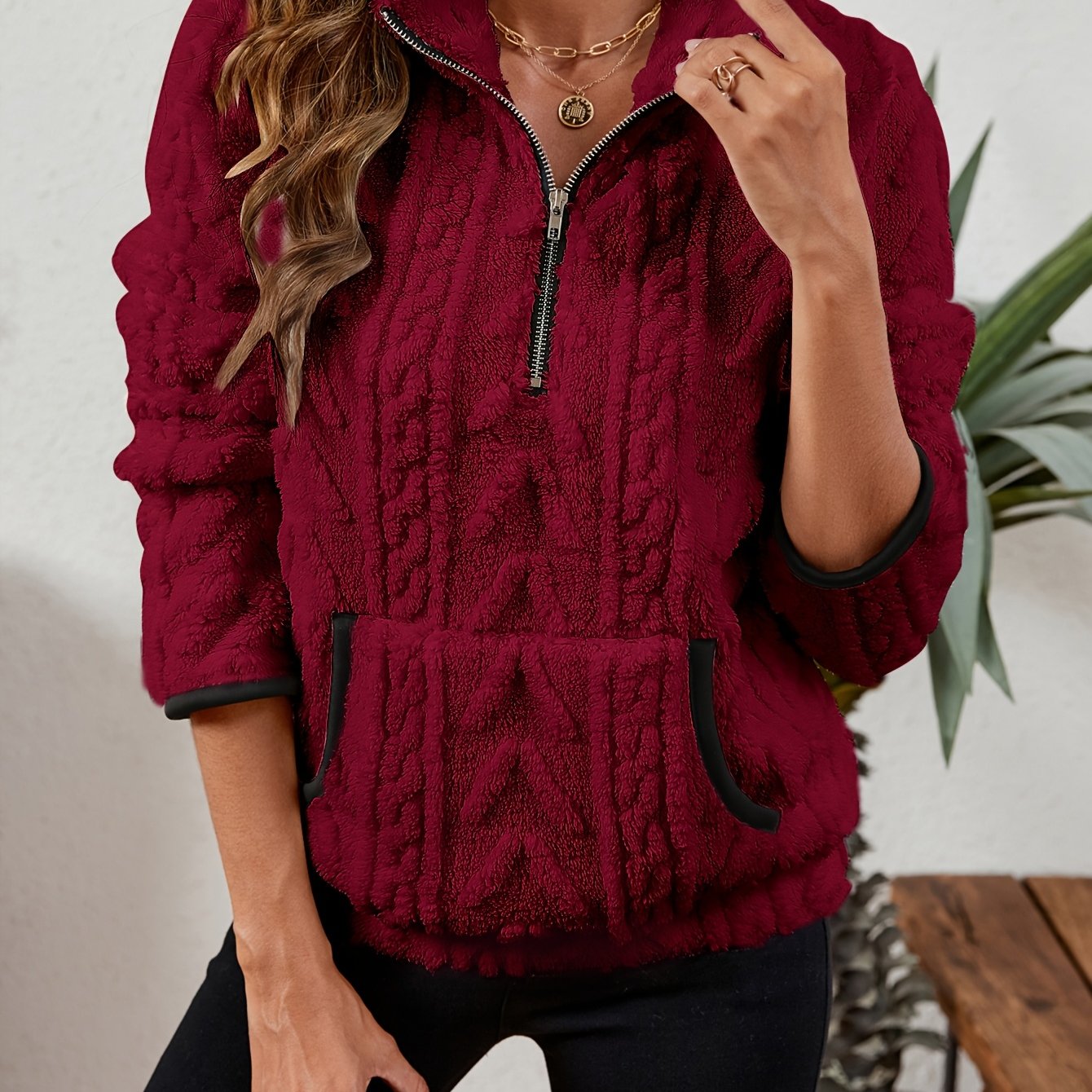 Burgundy half-zip jumper, front view