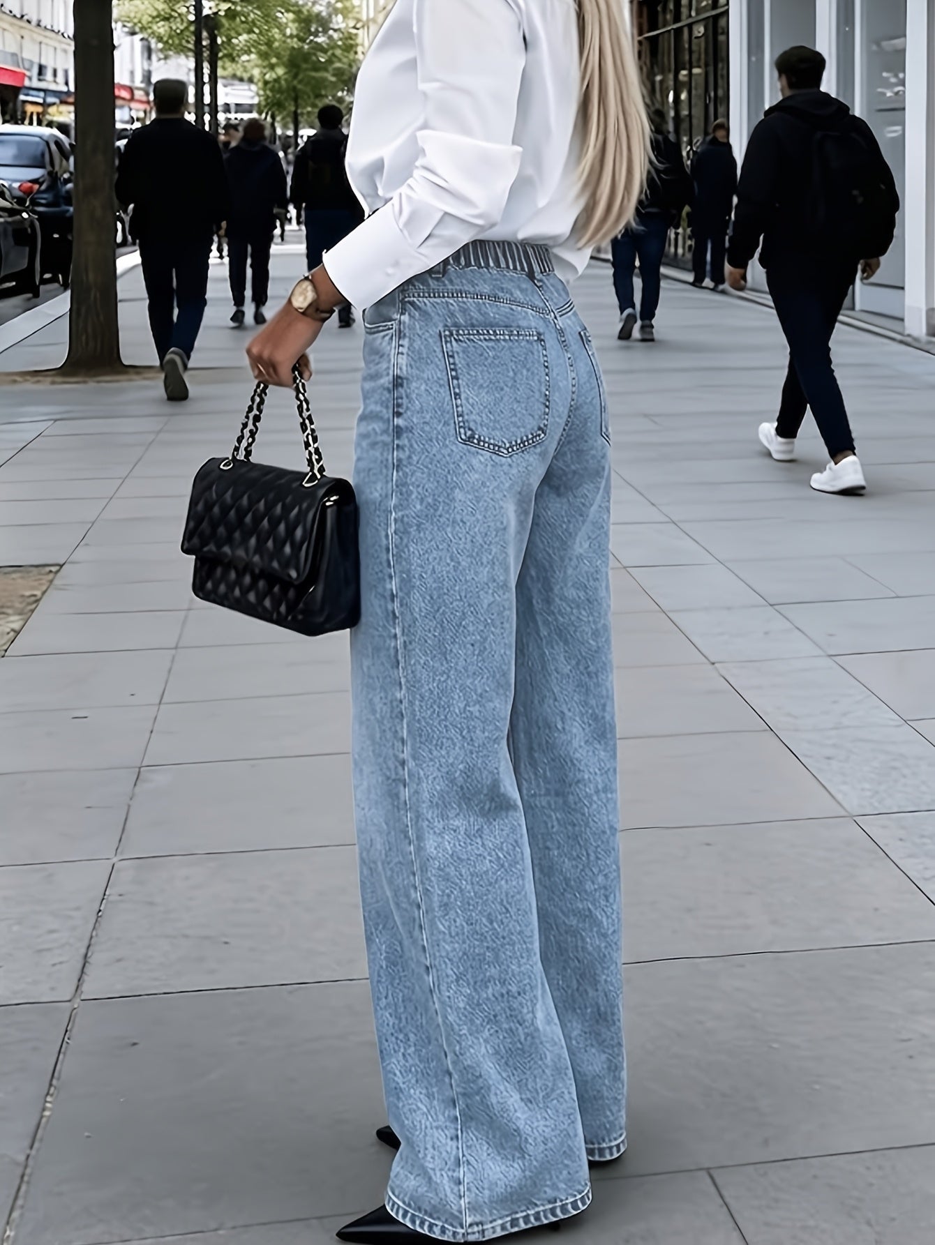 Sky Blue Loose-Fit Straight-Leg Washed Jeans