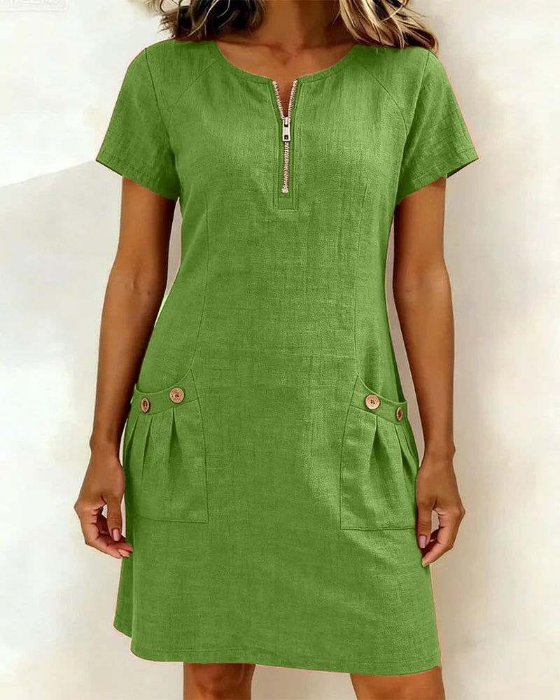 Pocket zip cotton linen mini dress, detail view