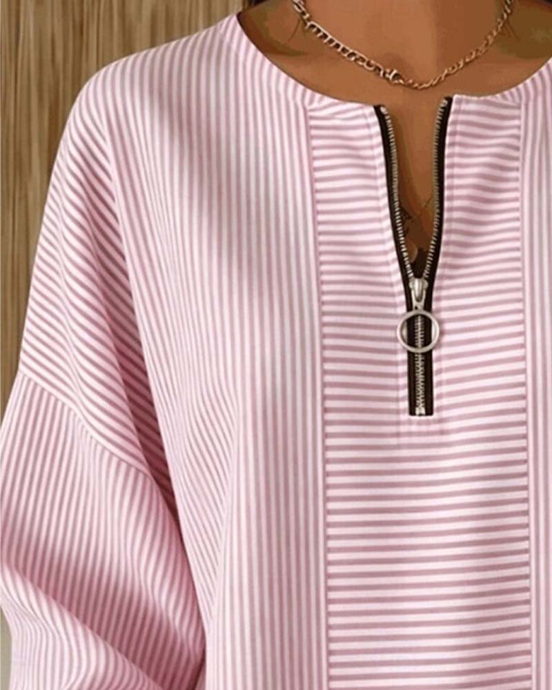 Women's Pink Half-Zip Long-Sleeve Striped Blouse