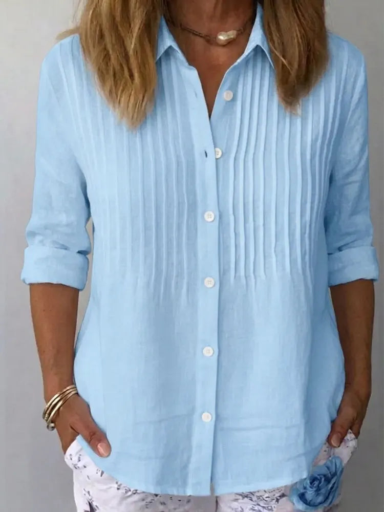 Pleated linen shirt in white, breathable warm-weather essential | Alba Muse