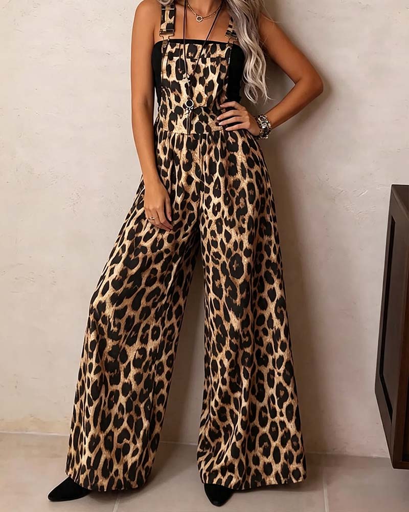 Brown Leopard Print High-Waist Wide-Leg Jumpsuit