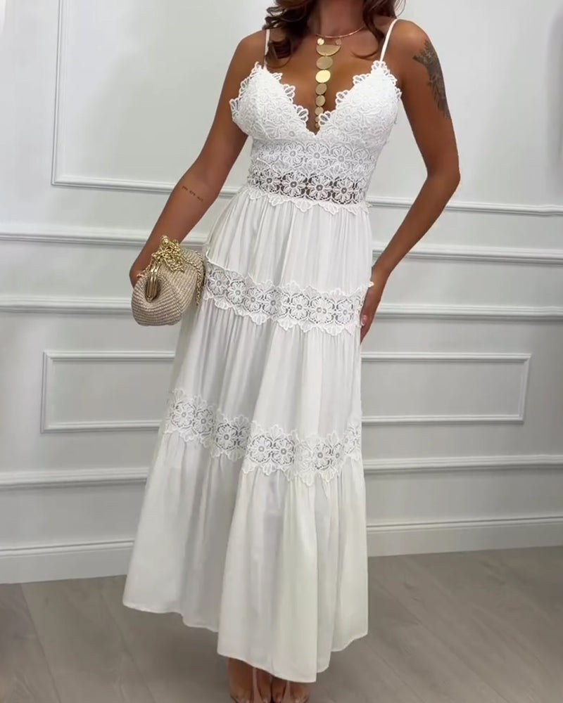 Lace patchwork spaghetti strap V-neck maxi dress, front view