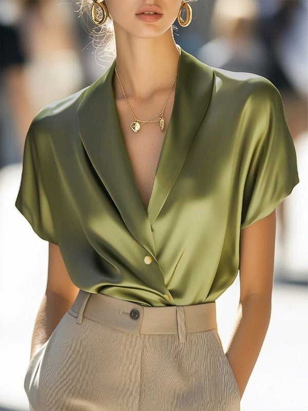 Solid Colour V-Neck Short Sleeve Blouse