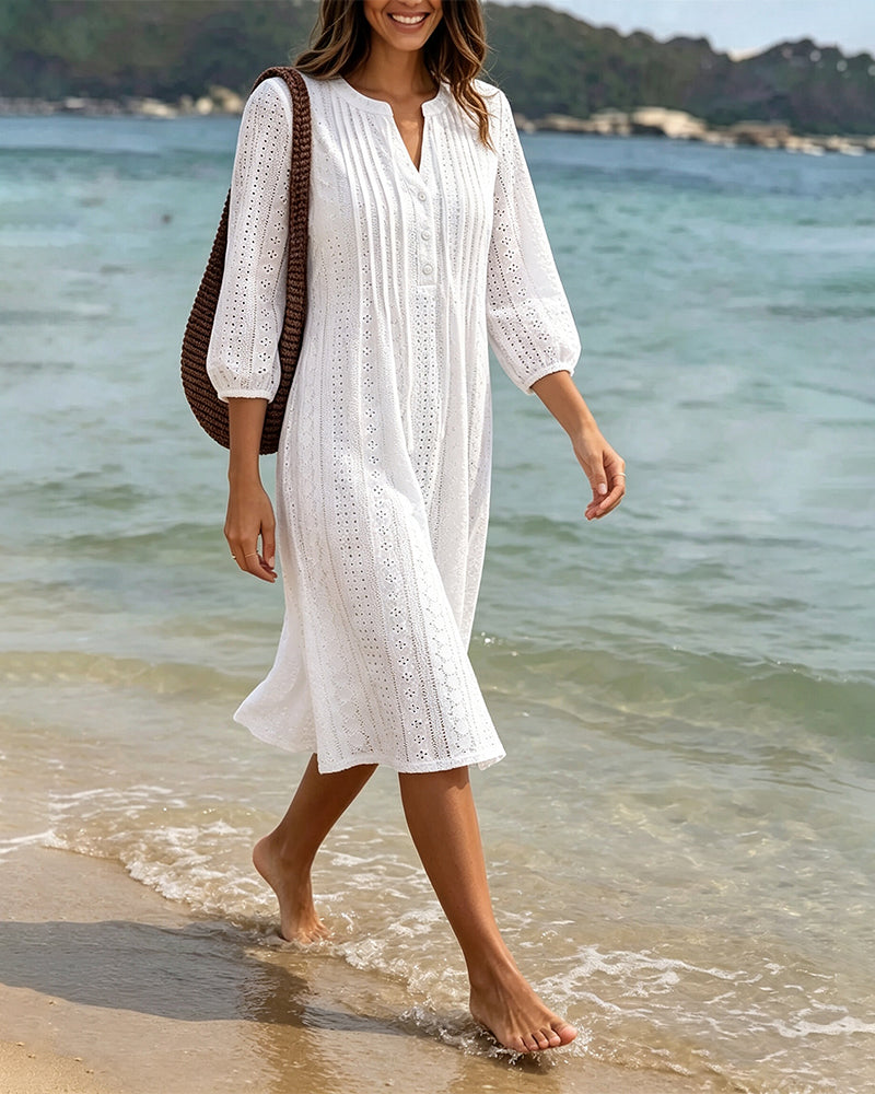 White Solid V-Neck Shirred Cutout Midi Dress — worn on model