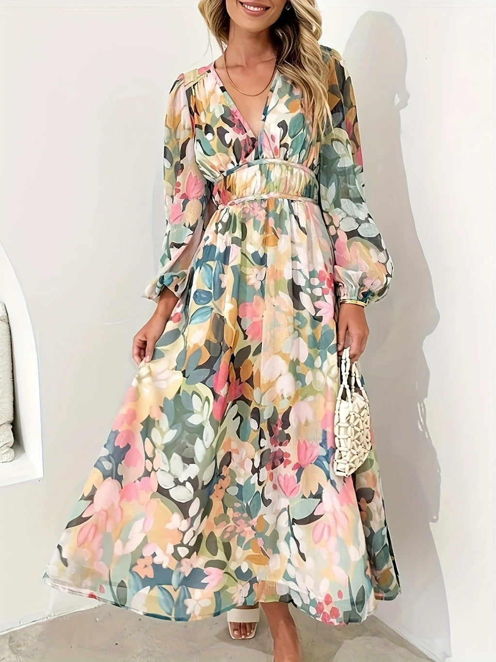Women's floral print long sleeve midi dress, side profile view