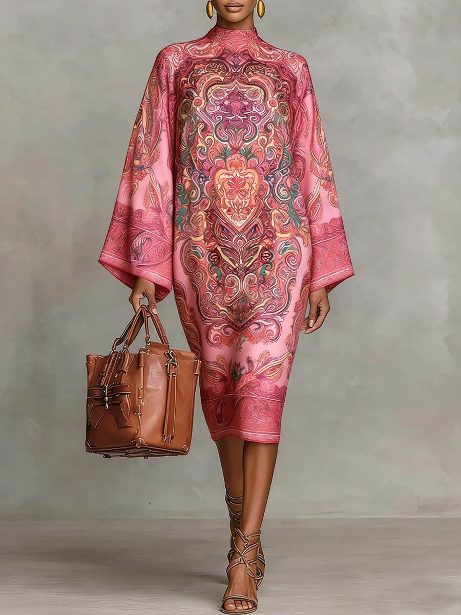 Pink contrast-print long sleeve mock neck midi dress, front view, worn