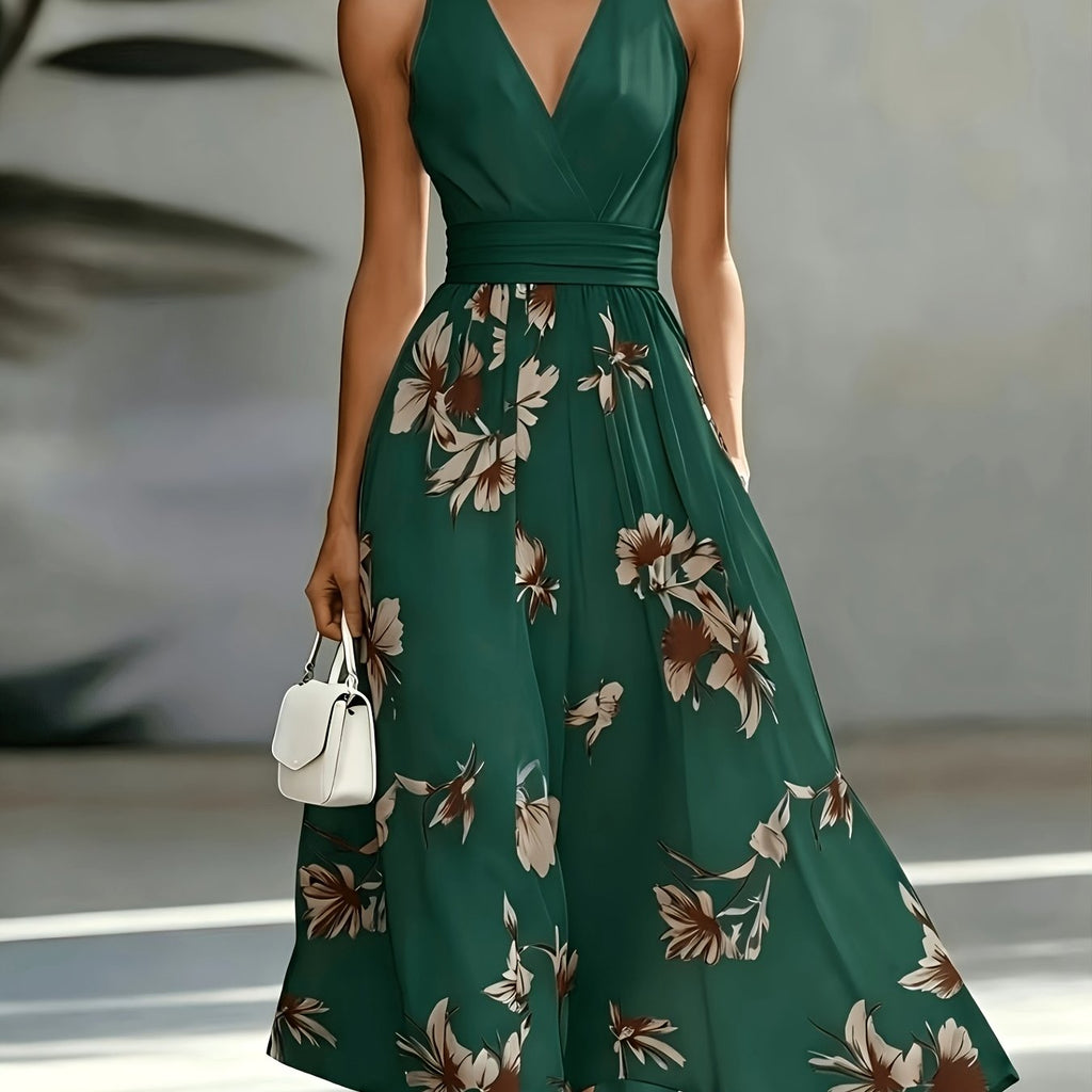 Shirred Geometric Print V-Neck Midi Dress