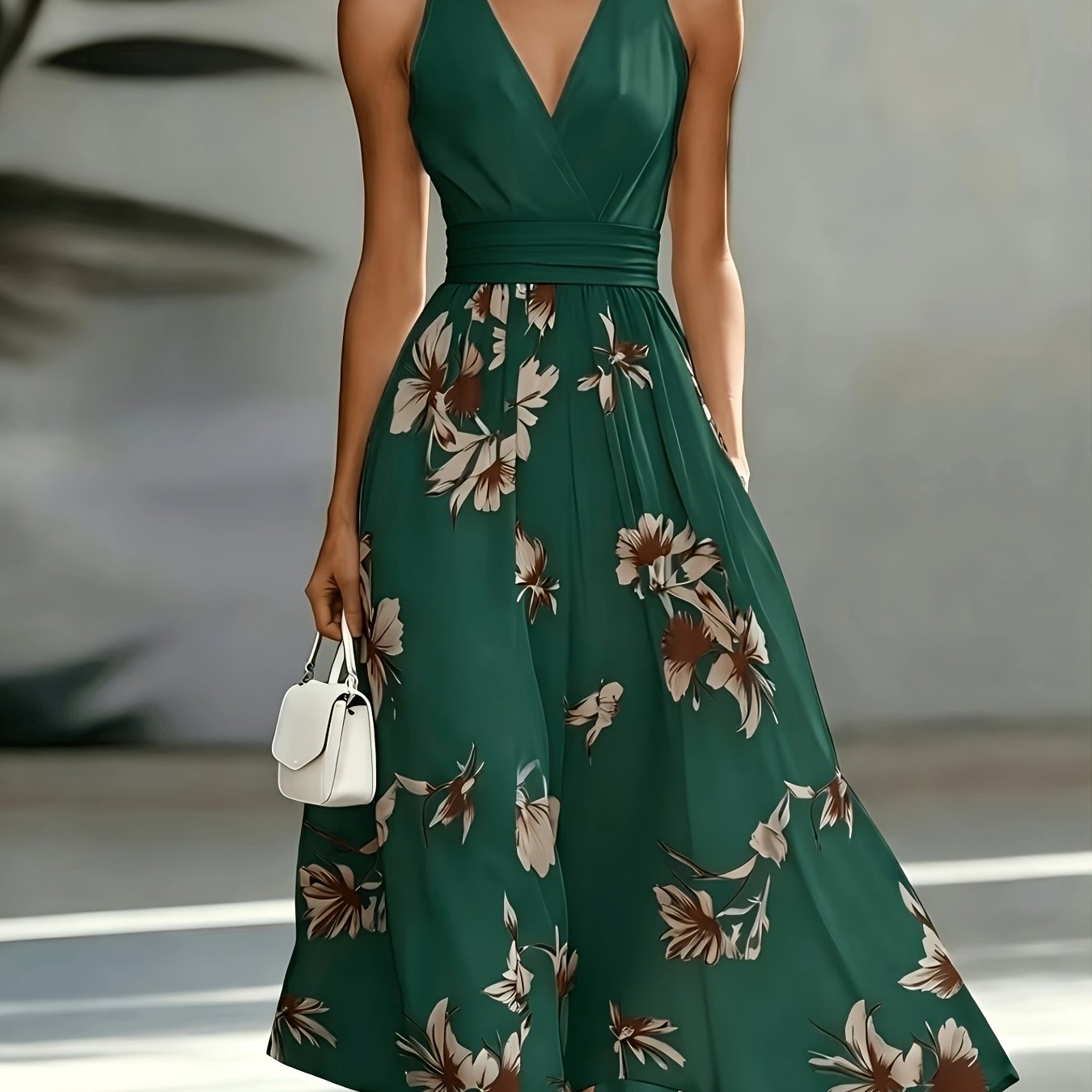 Shirred Geometric Print V-Neck Midi Dress