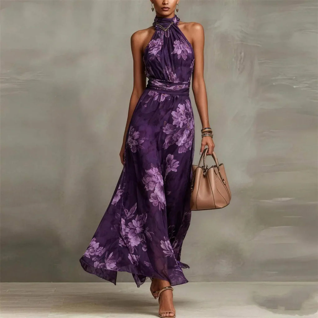 Elegant floral halter maxi dress styled for garden party occasion