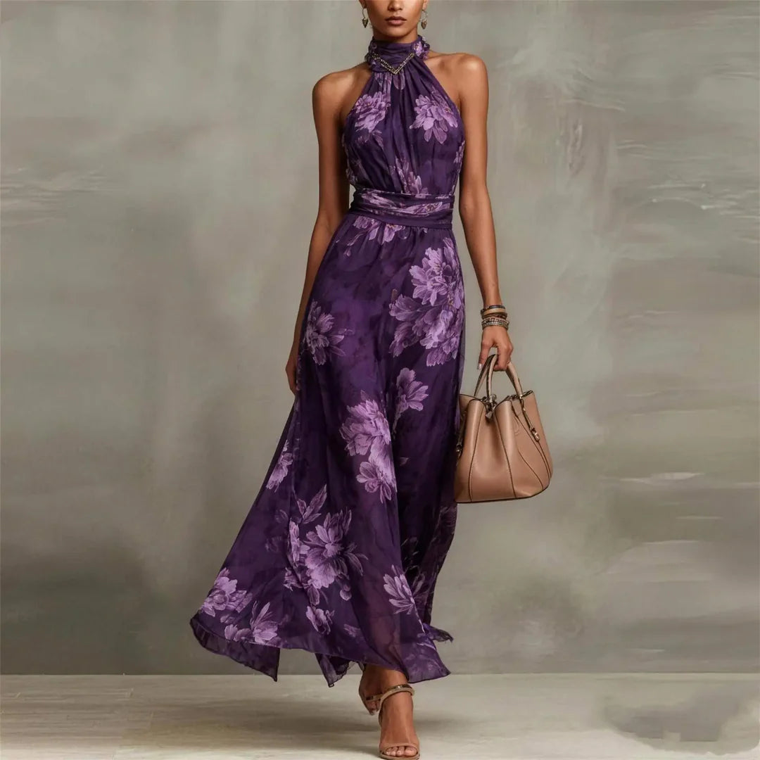 Elegant floral halter maxi dress styled for garden party occasion