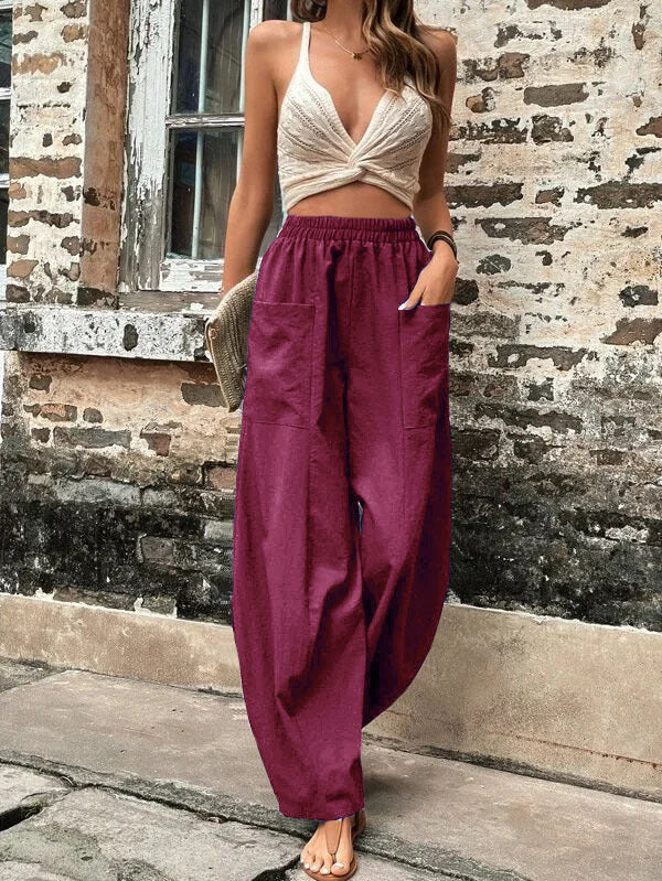 Loose Fit Elastic-Waist Trousers with Pockets