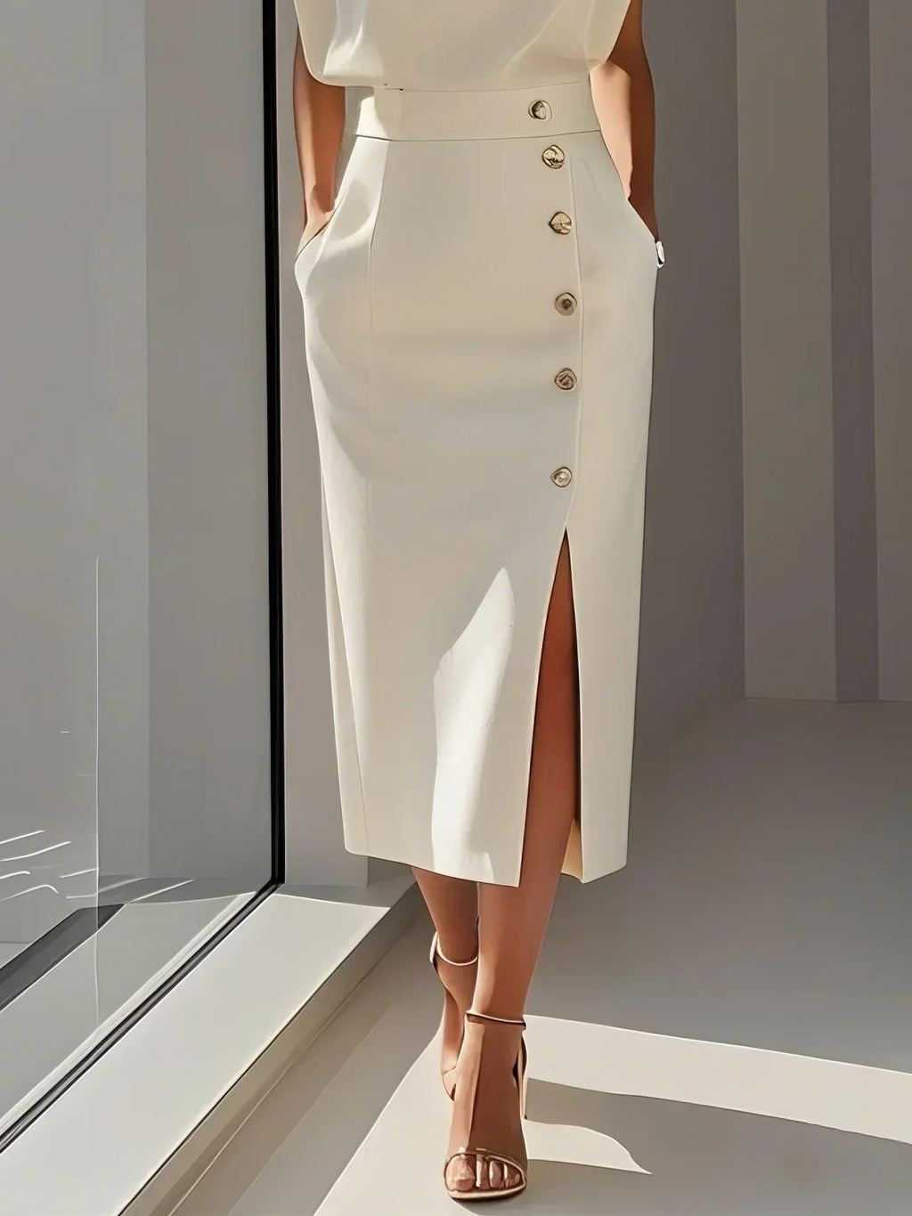Solid Midi Dress with Button Slit