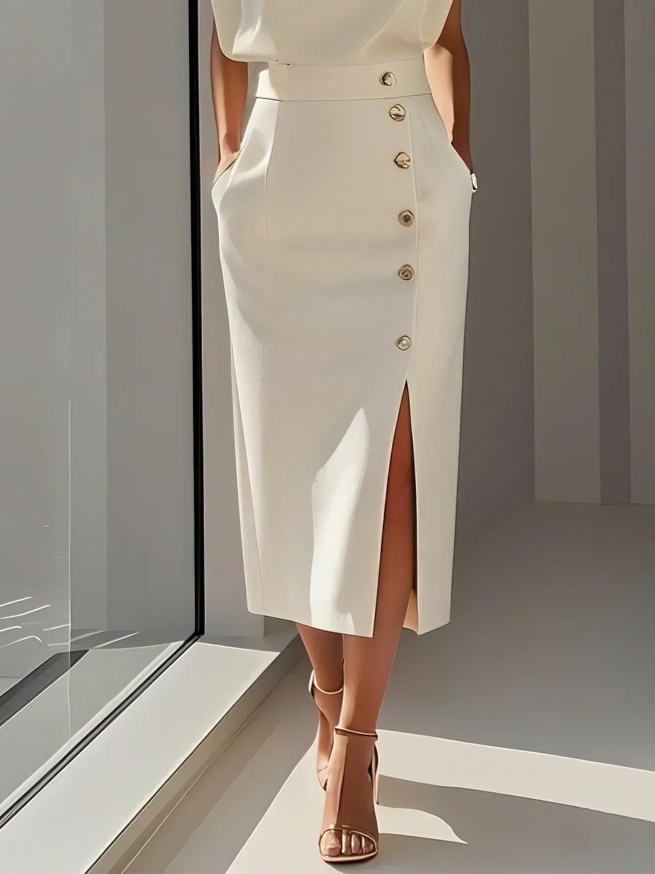 Solid Midi Dress with Button Slit