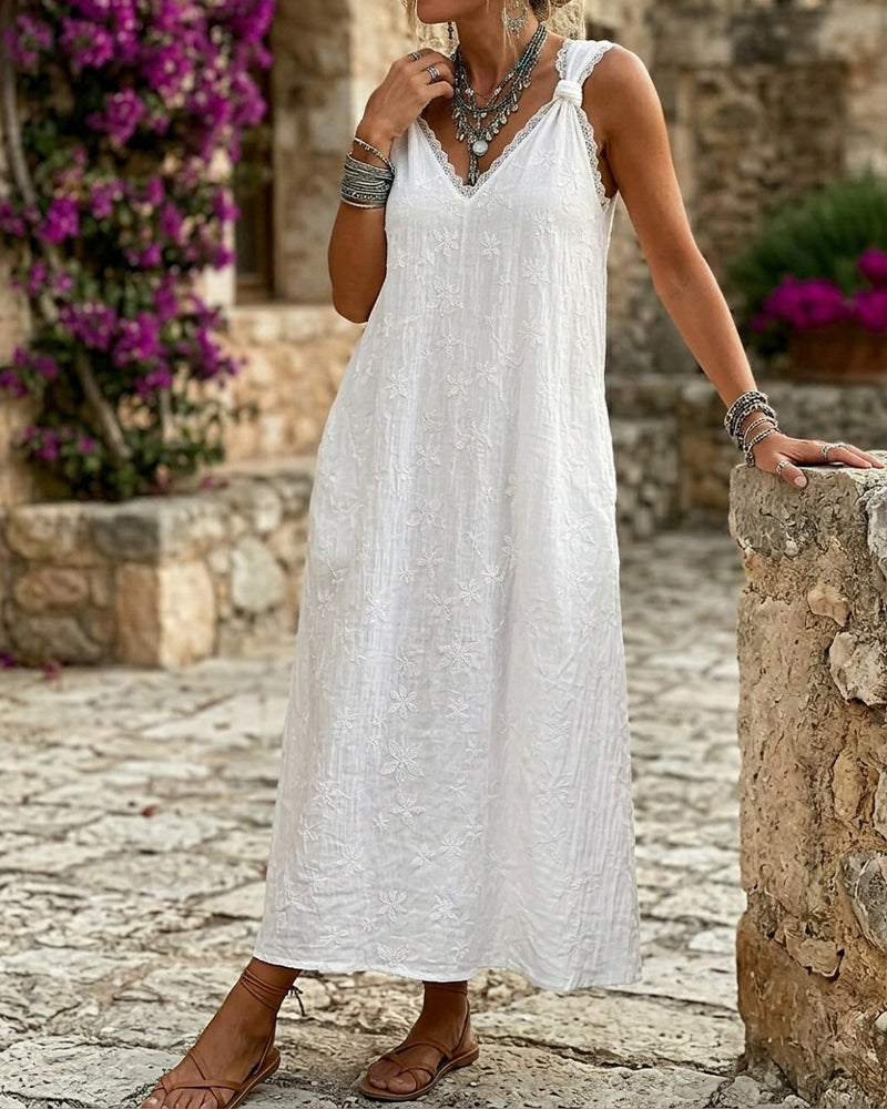 Sleeveless lace midi dress, side view