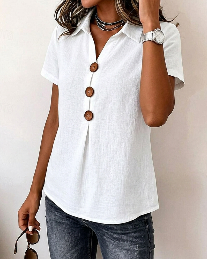 Solid white lapel short sleeve blouse, styled view