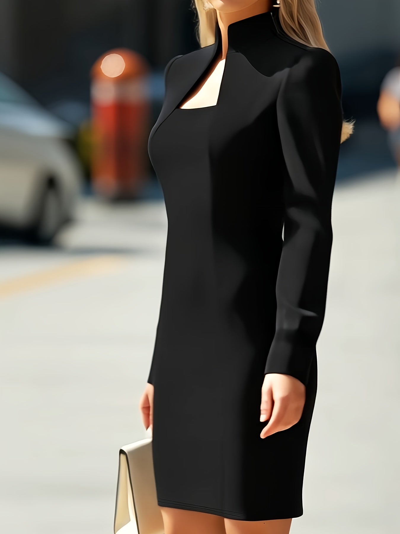 High neck long sleeve fitted mini dress with a high neckline with cut-out