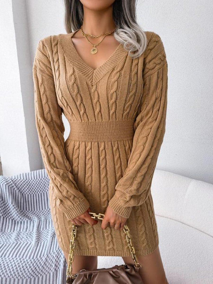 Cable-knit V-neck midi dress, front view