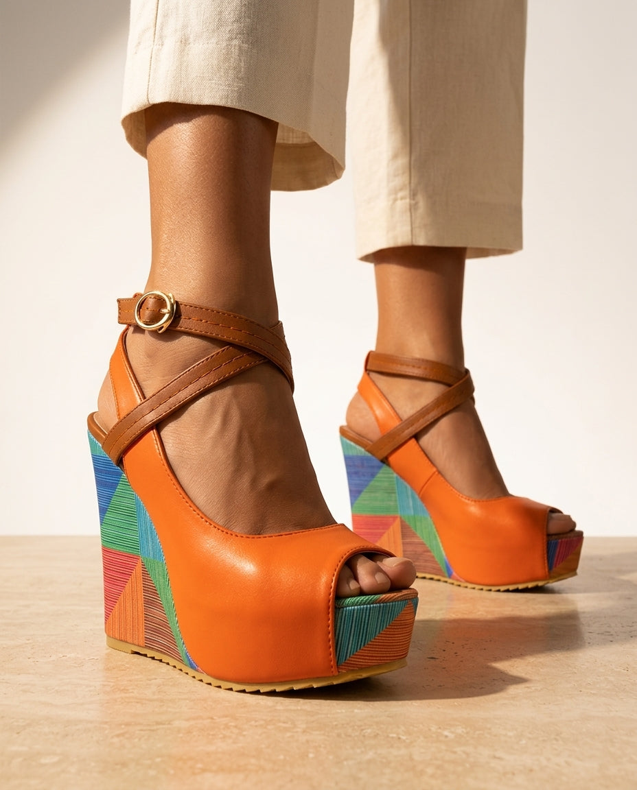 Orange Wedge Sandals with crisscross ankle straps, front view