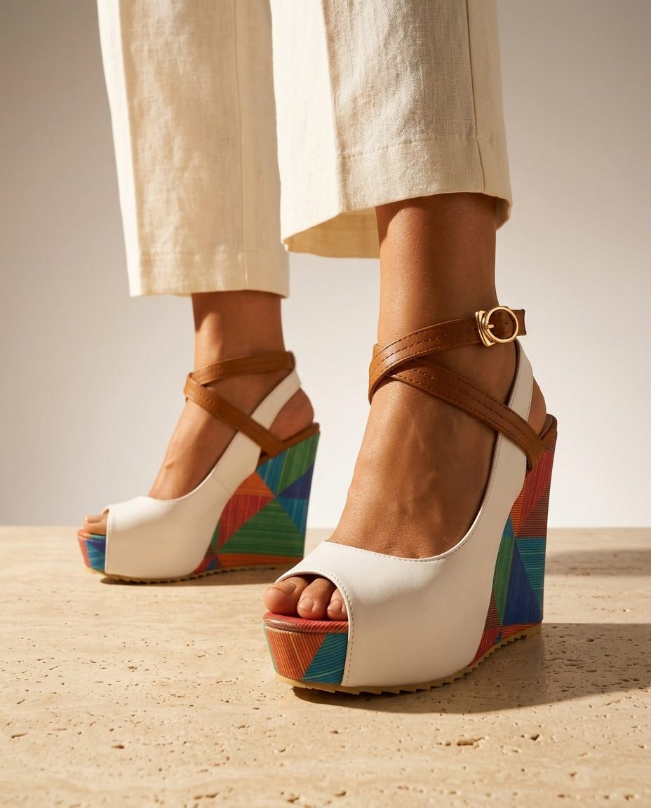 White Wedge Sandals, side view showing crisscross ankle strap and patterned wedge sole