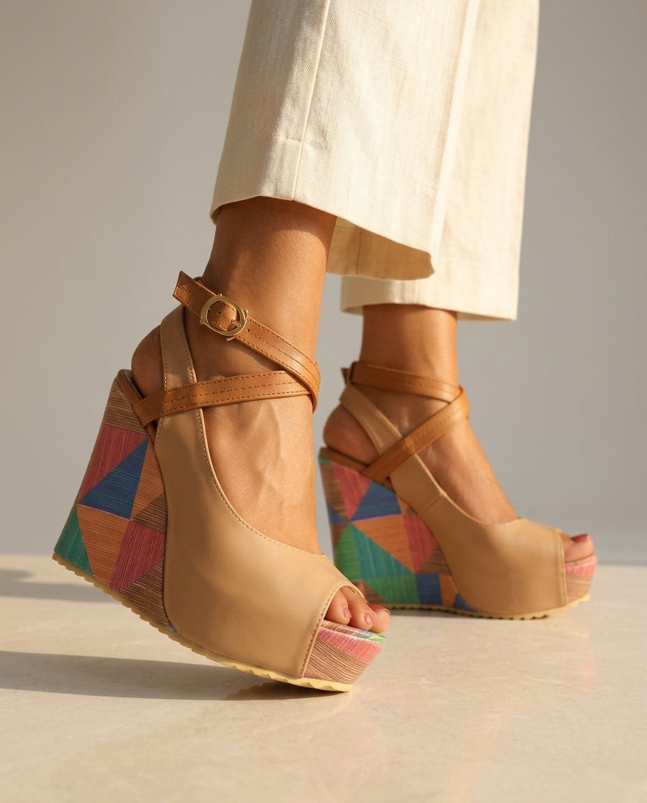 Brown Wedge Sandals, side view showing peep toe and gold ankle strap buckle
