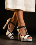White Colorblock Peep-Toe Pumps, front view