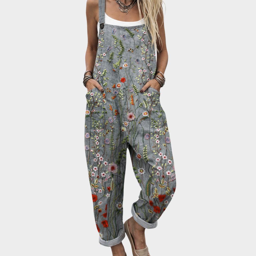 Casual printed overalls with patch pockets in grey, front view