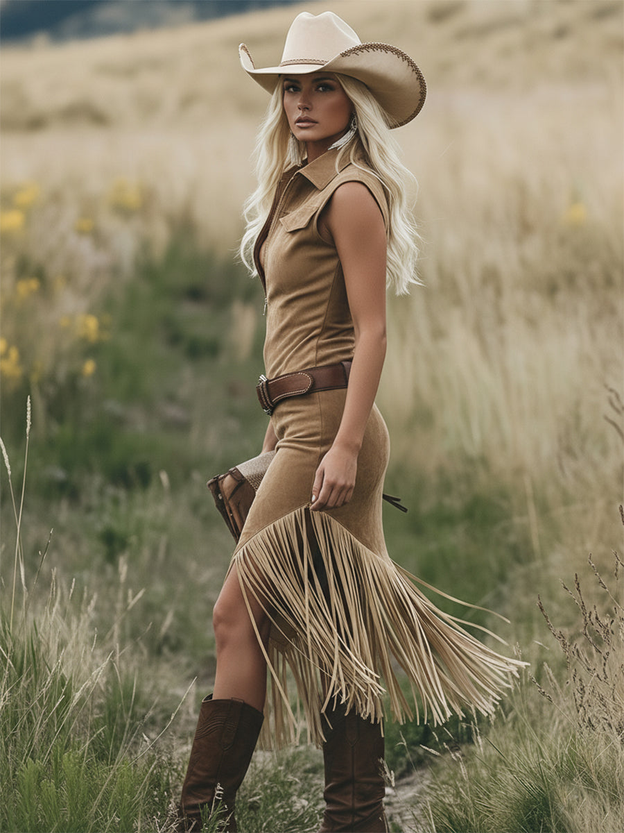Light Brown western cowboy fringed sleeveless midi dress
