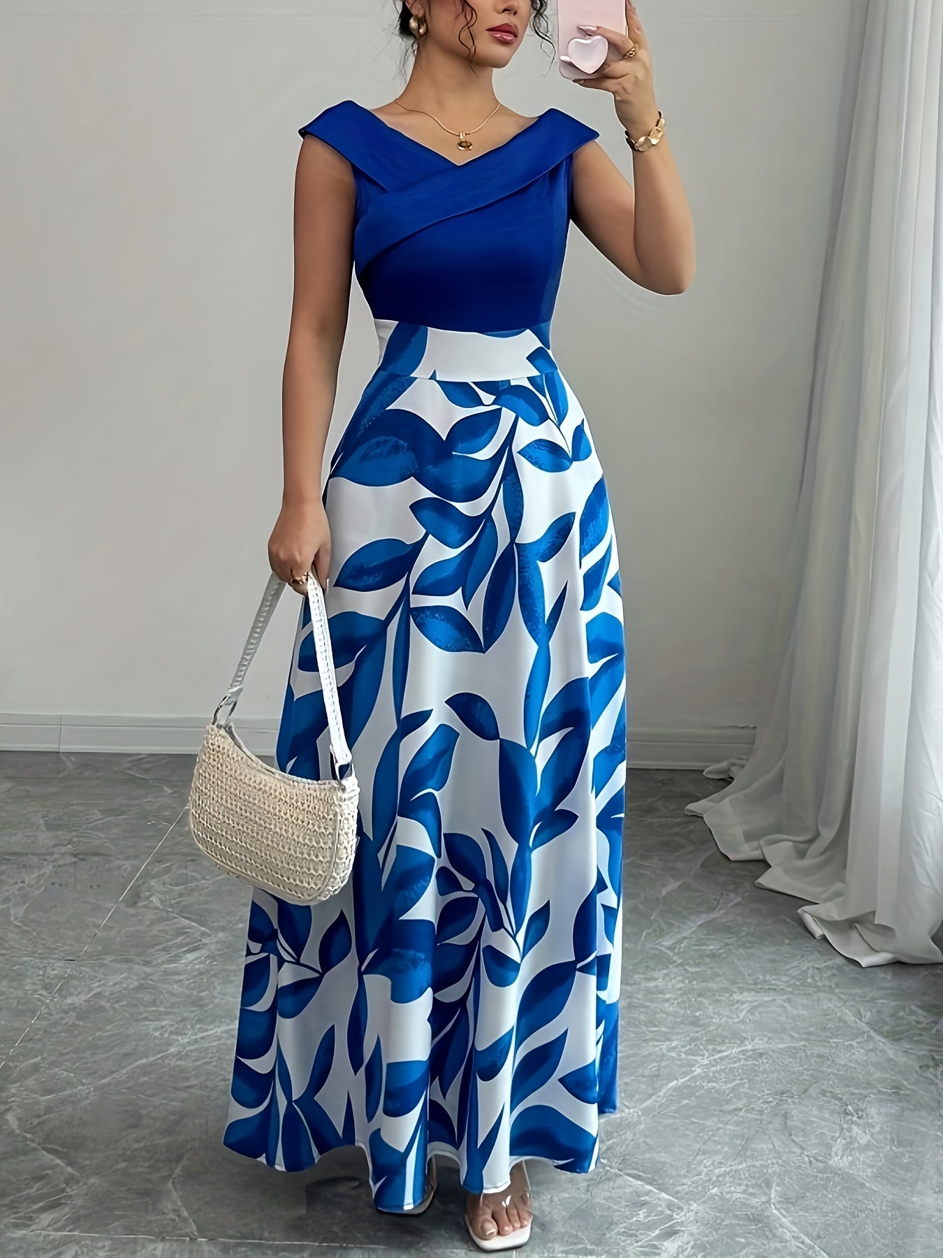 Wedding guest A-line maxi dress in blue, front view