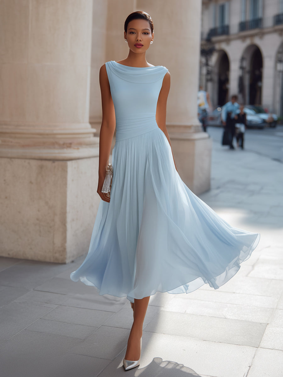 Pleated occasion dress for women, graceful draped neckline side view