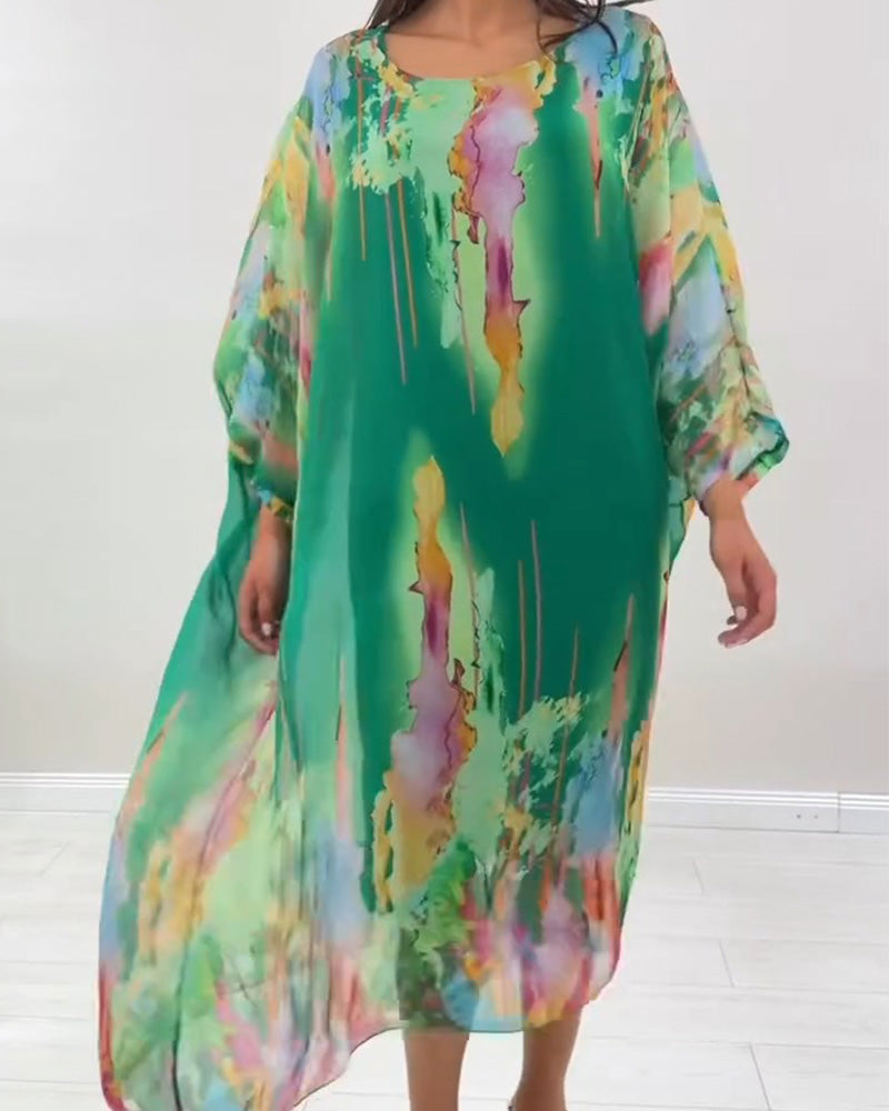 Smudged print batwing sleeve midi dress, full length view