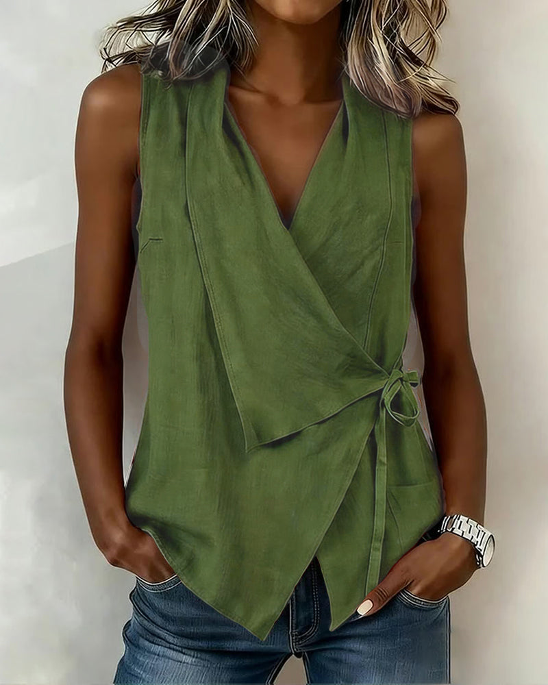 Sleeveless wrap front tie tank top, tie detail