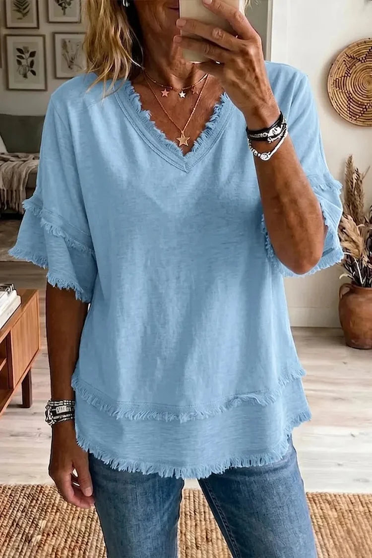 Linen blend top in pink, short sleeve and raw-cut hem detail | Alba Muse