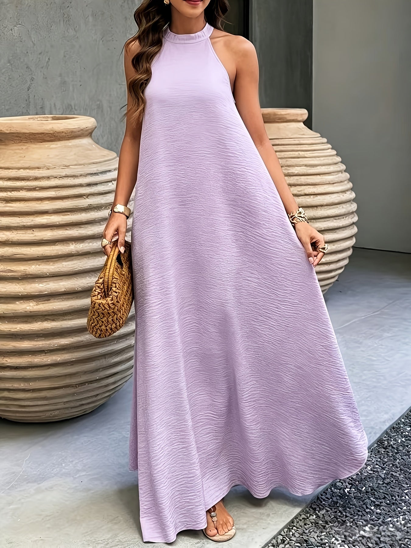 Ribbed Neckline Boho Beach Maxi Dress in Light Green, full length view